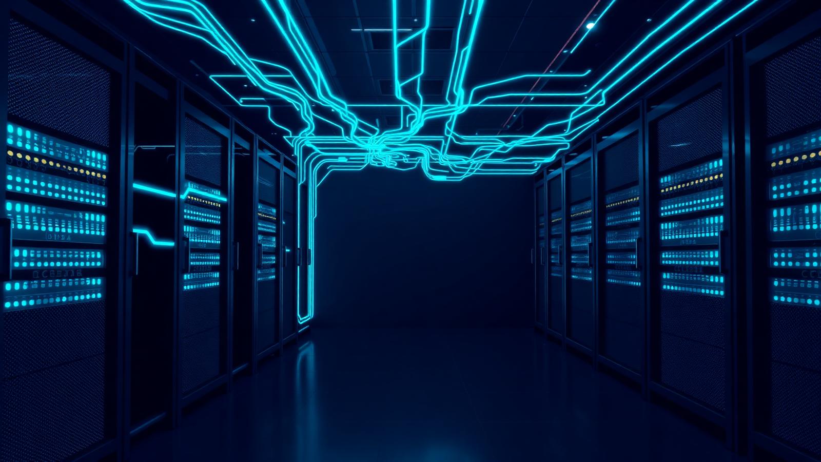 Data centre aisle with illuminated server racks and cyan network pathways