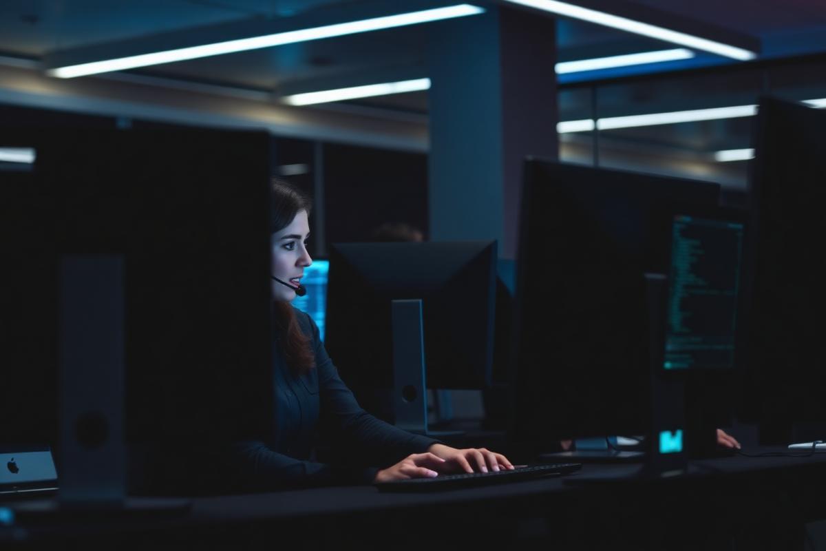 IT support engineer wearing a headset monitoring systems on multiple screens